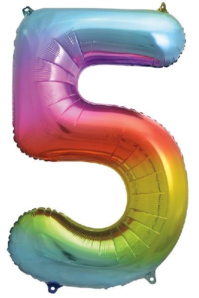 Rainbow Numeral 5 Foil Balloon inflated in shiny rainbow glitter shape, 86cm helium-ready for kids' parties