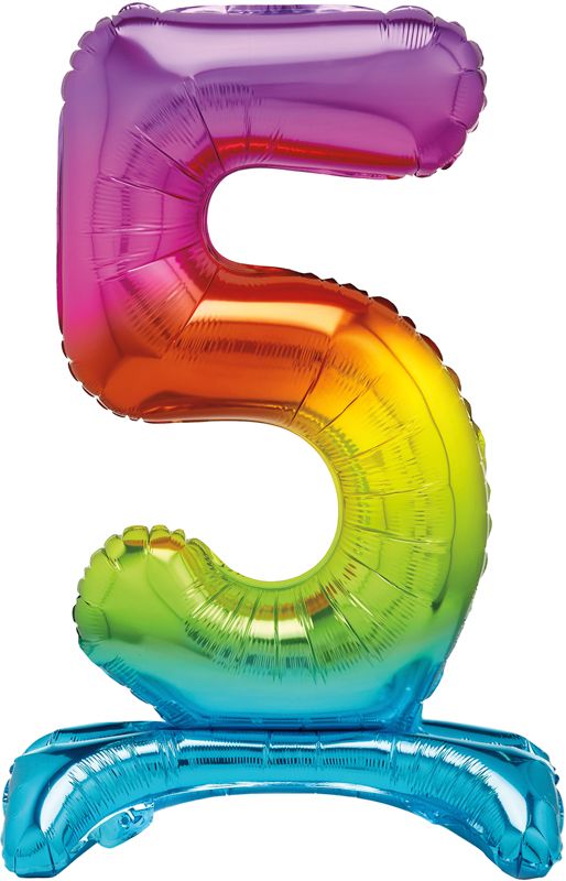 Rainbow Numeral 5 Foil Standing Balloon inflated in shiny rainbow glitter shape, 76cm helium-ready for kids' parties