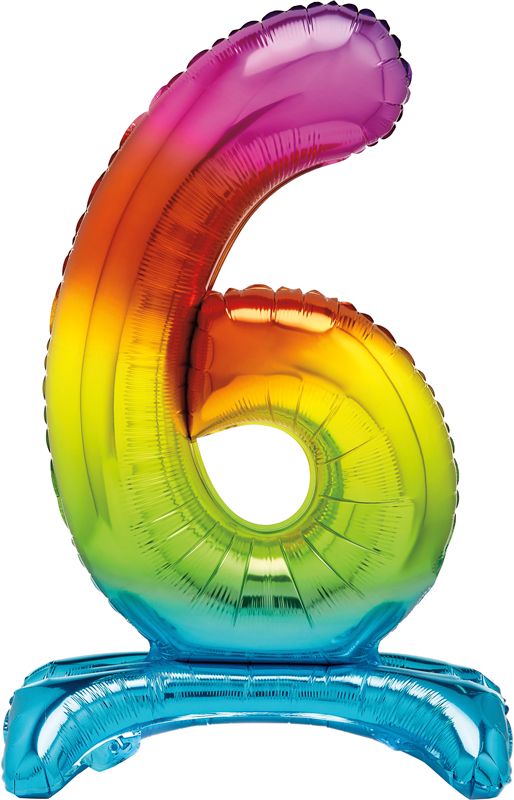 Rainbow Numeral 6 Foil Standing Balloon inflated in shiny rainbow glitter shape, 76cm helium-ready for kids' parties