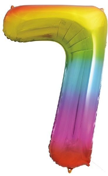 Rainbow Numeral 7 Foil Balloon inflated in shiny rainbow glitter shape, 86cm helium-ready for kids' parties