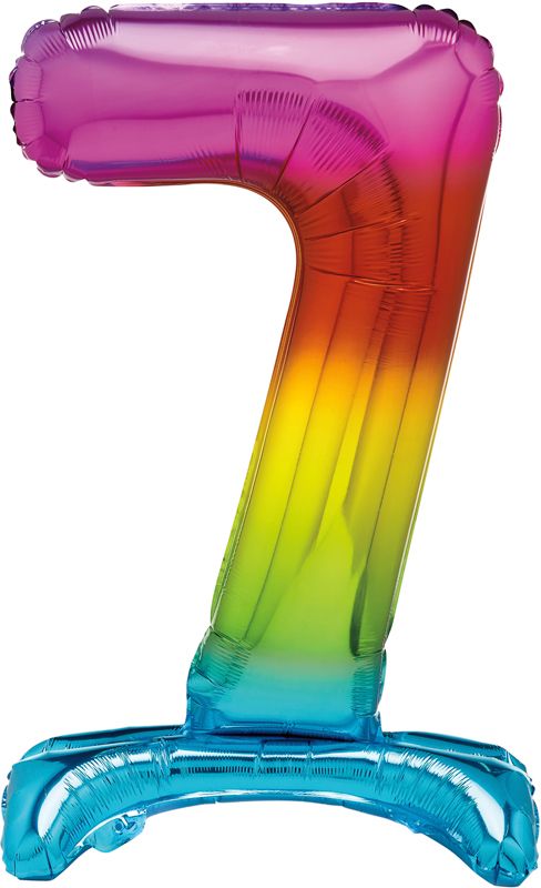 Rainbow Numeral 7 Foil Standing Balloon inflated in shiny rainbow glitter shape, 76cm helium-ready for kids' parties
