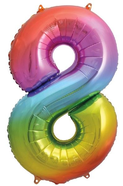 Rainbow Numeral 8 Foil Balloon inflated in shiny rainbow glitter shape, 86cm helium-ready for kids' parties