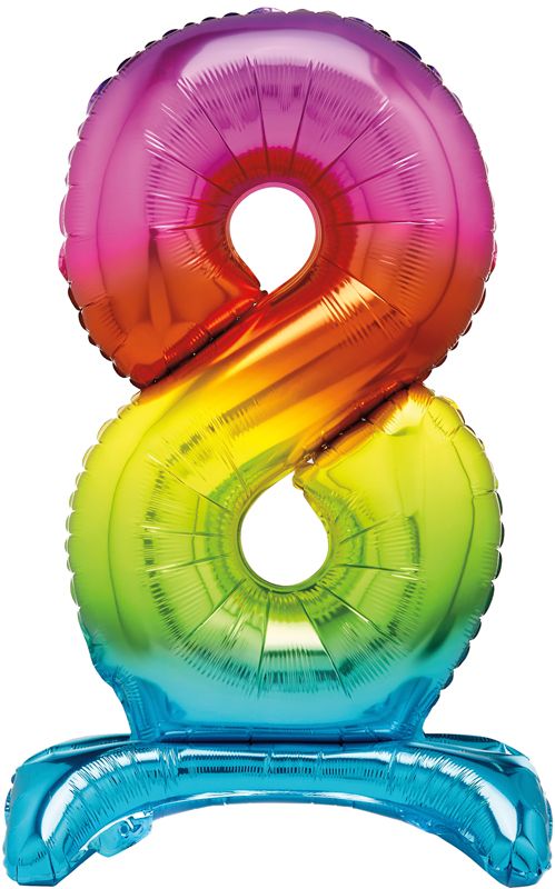 Rainbow Numeral 8 Foil Standing Balloon inflated in shiny rainbow glitter shape, 76cm helium-ready for kids' parties