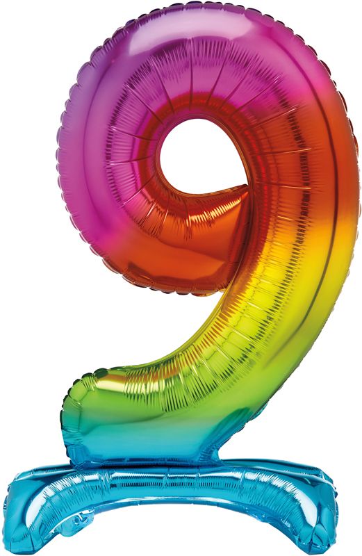 Rainbow Numeral 9 Foil Standing Balloon inflated in shiny rainbow glitter shape, 76cm helium-ready for kids' parties