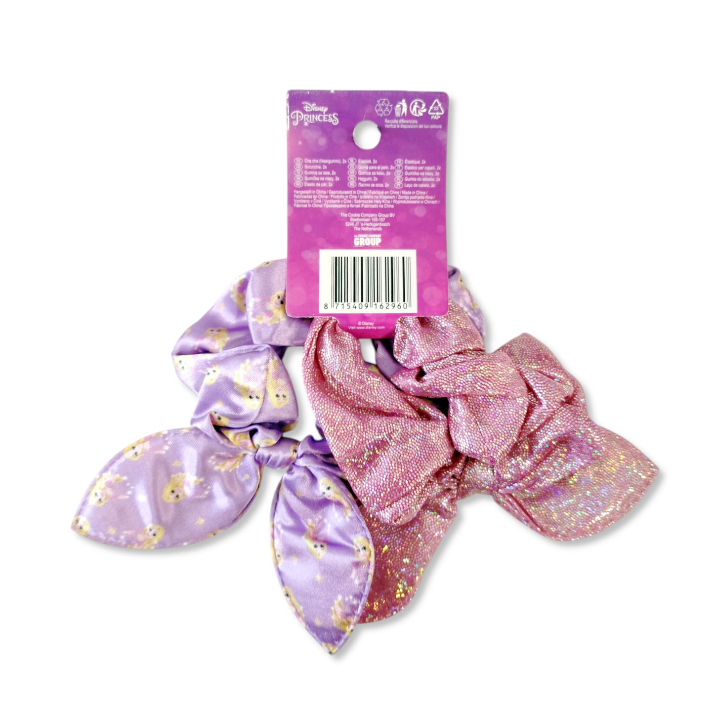 Pack of 2 Rapunzel Princess Scrunchies back view emphasising soft stretchy fabric and comfortable, non-slip elastic cores