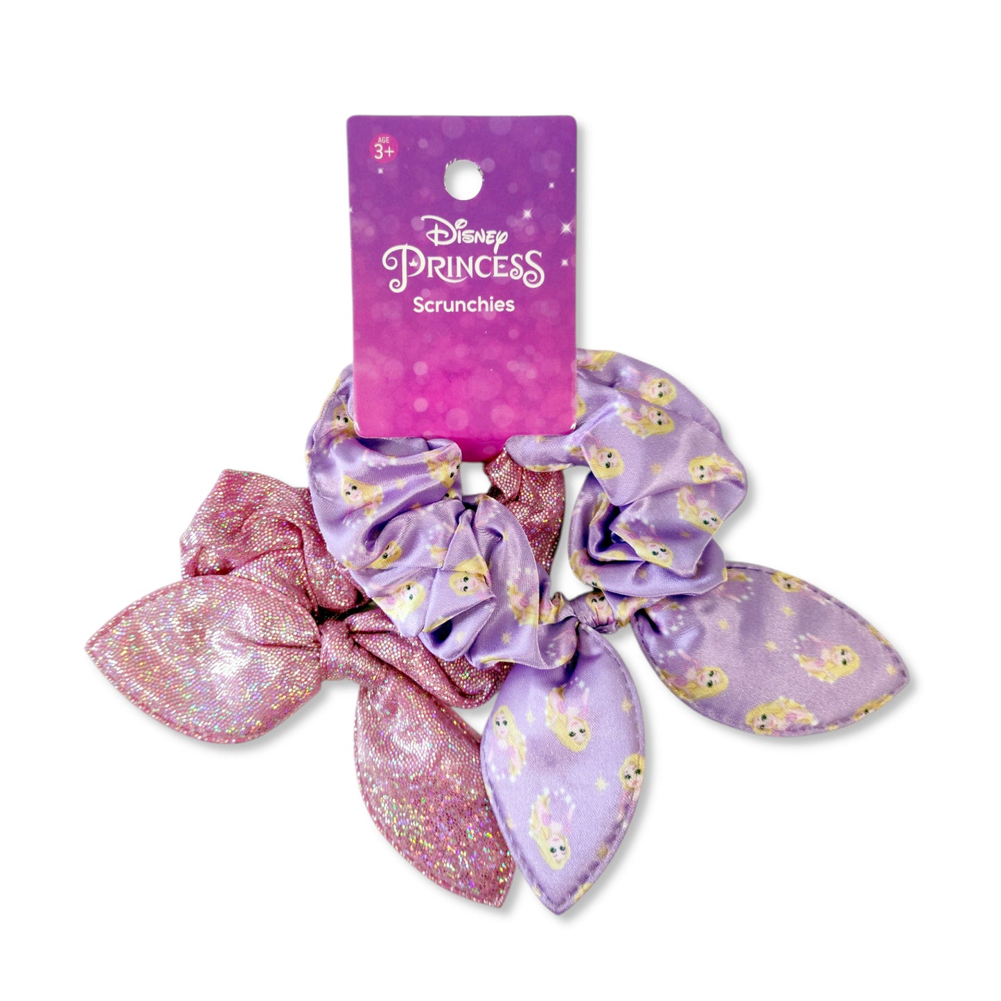Pack of 2 Rapunzel Princess Scrunchies front view displaying one shiny pink elastic scrunchie and one purple with Rapunzel portrait motif