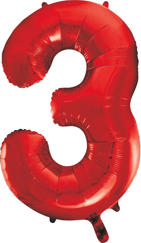 Red Jumbo Numeral 3 Foil Balloon inflated in shiny red glitter shape, 86cm helium-ready for kids' parties