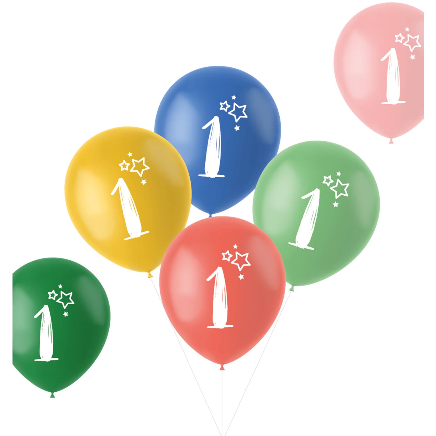 Retro 1 Year Multicolored Balloons 33cm pack of 6 showing yellow, blue, green, red and pink latex balloons