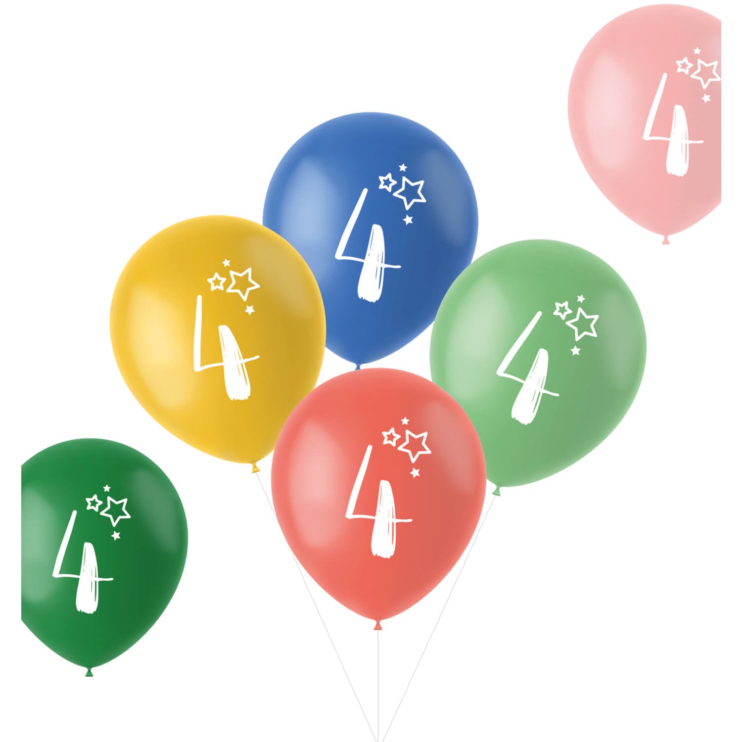 Retro 4 Years Multicolored Balloons 33cm pack of 6 showing yellow, blue, green, red and pink latex balloons