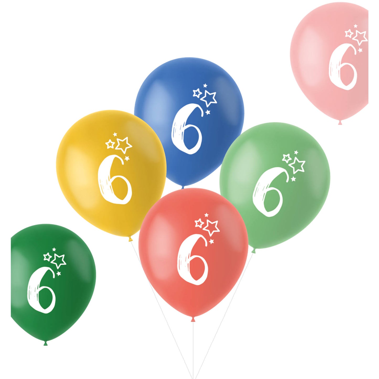Retro 6 Years Multicolored Balloons 33cm pack of 6 showing yellow, blue, green, red and pink latex balloons
