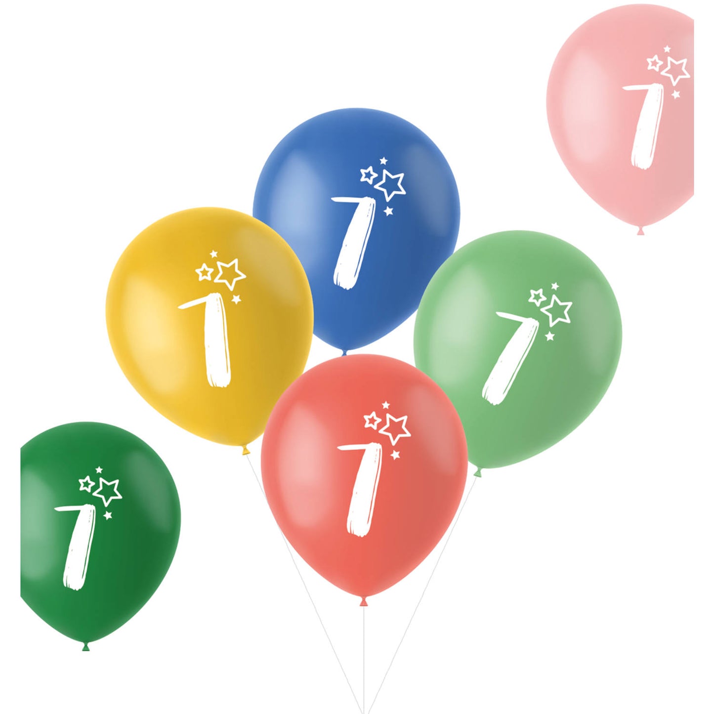 Retro 7 Years Multicolored Balloons 33cm pack of 6 showing yellow, blue, green, red and pink latex balloons