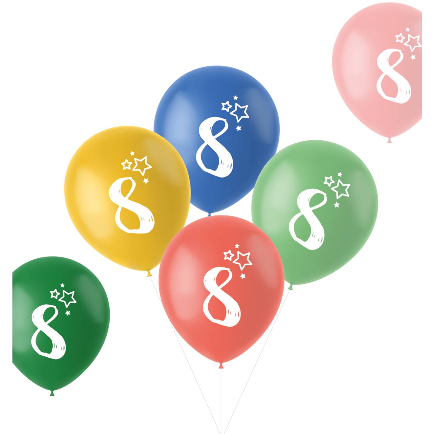 Retro 8 Years Multicolored Balloons 33cm pack of 6 showing yellow, blue, green, red and pink latex balloons