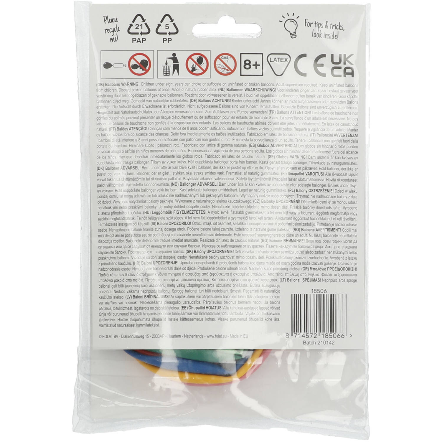Back view of Retro 6 Years Balloons pack with party occasion details and helium/air info