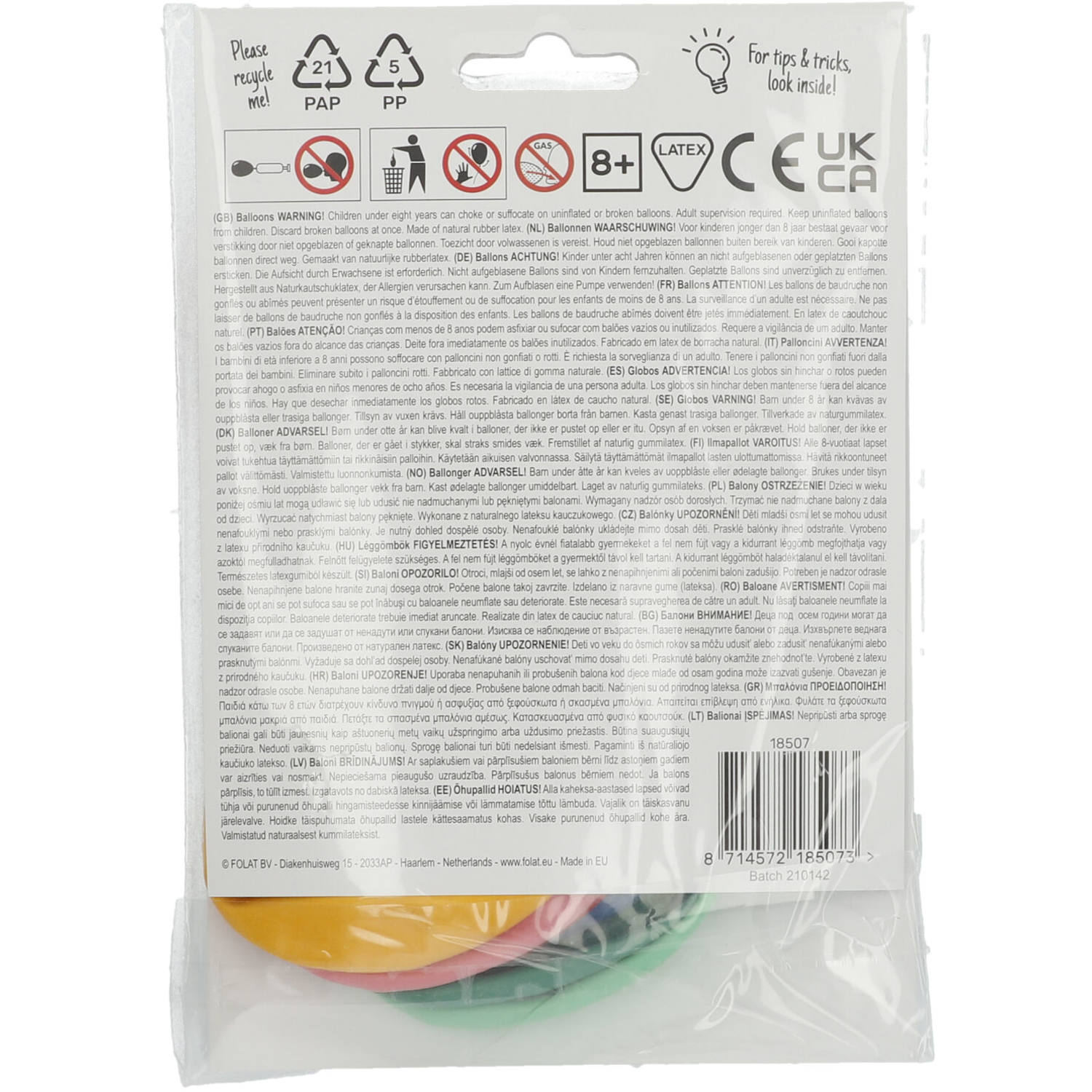 Back view of Retro 7 Years Balloons pack with party occasion details and helium/air info