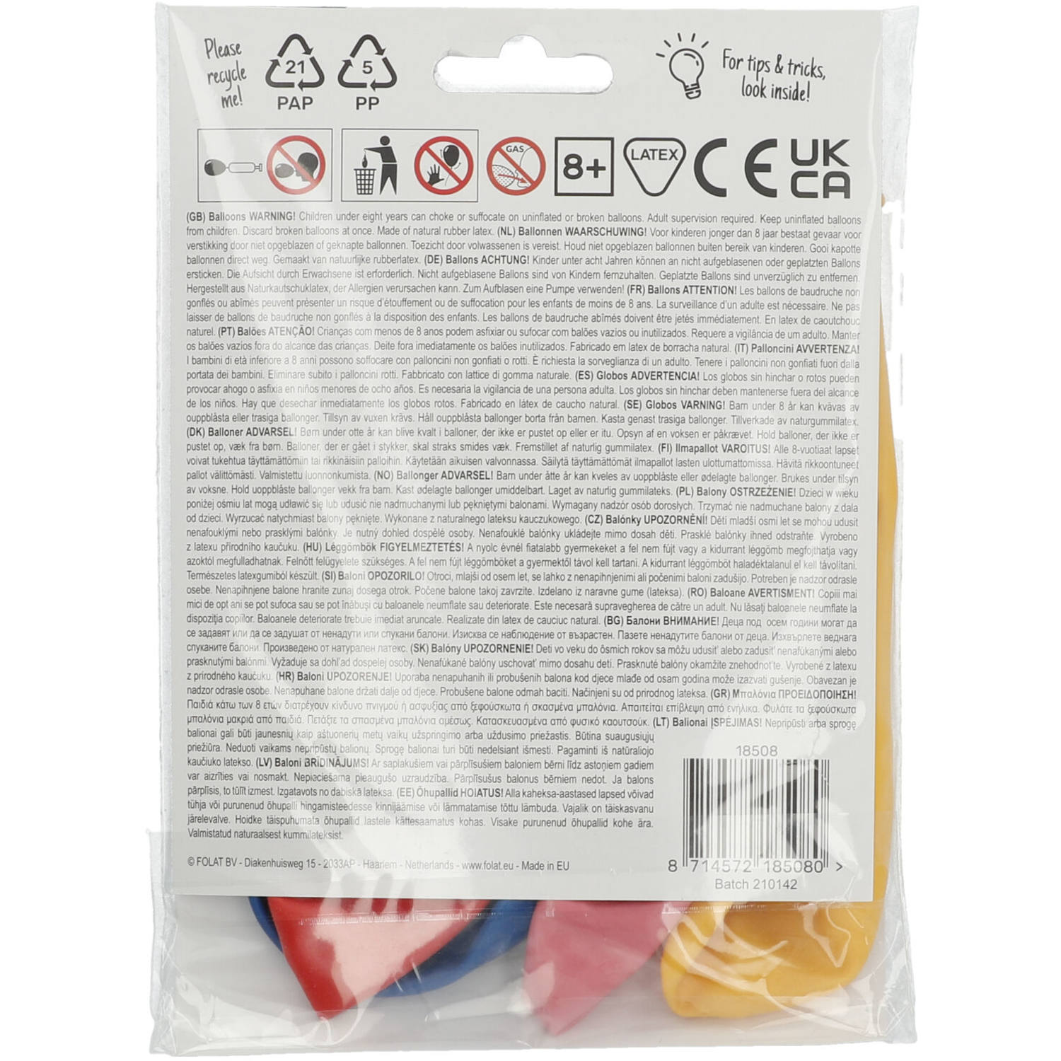 Back view of Retro 8 Years Balloons pack with party occasion details and helium/air info
