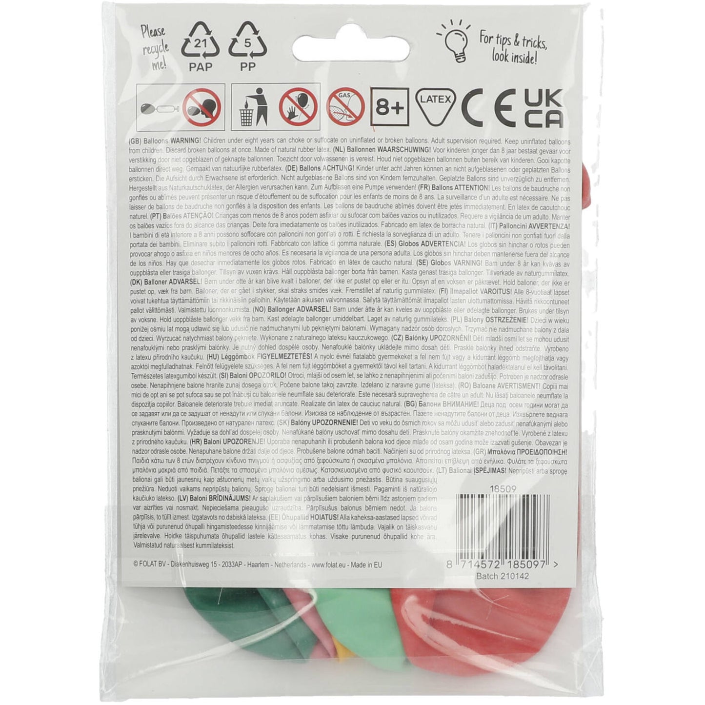 Back view of Retro 9 Years Balloons pack with party occasion details and helium/air info