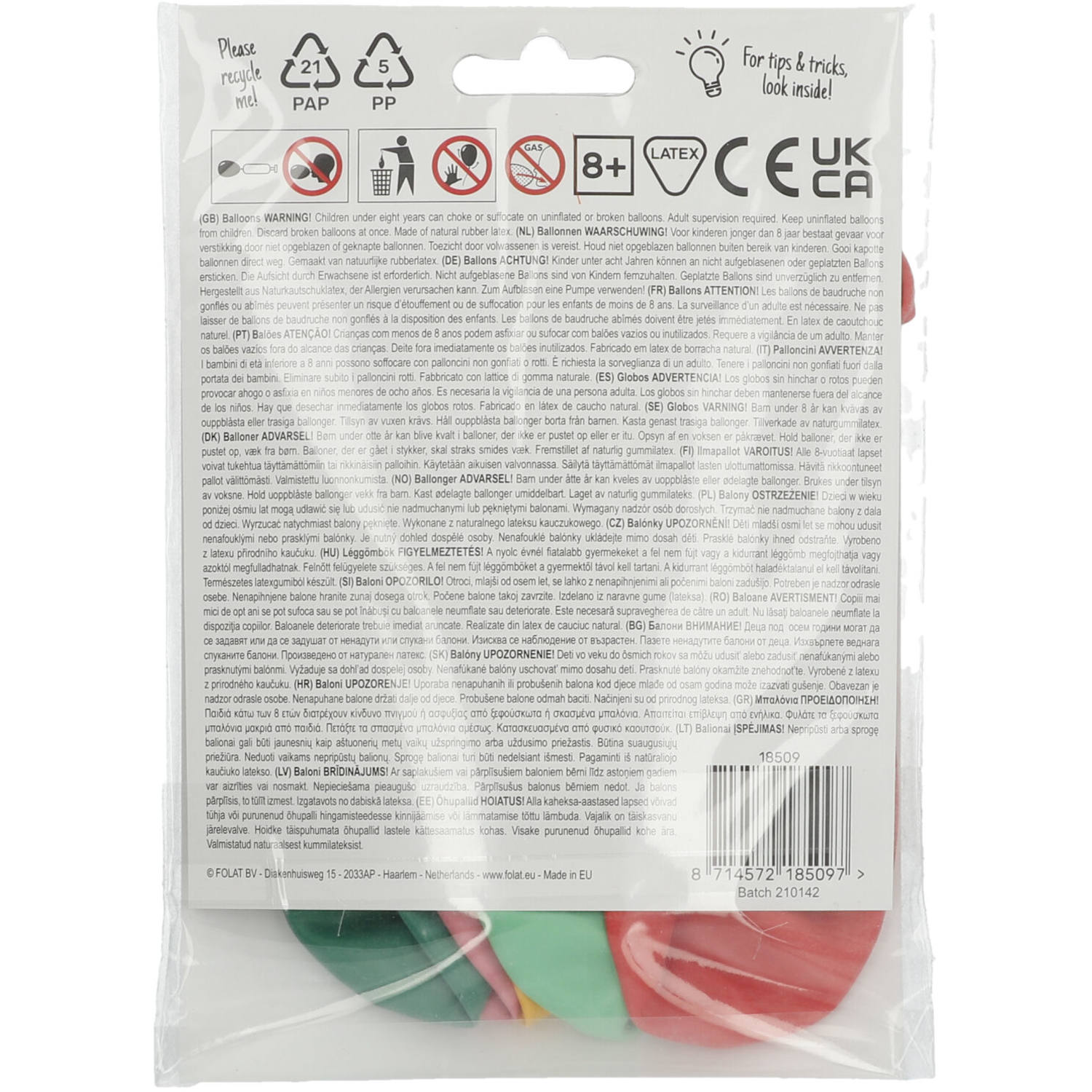 Back view of Retro 9 Years Balloons pack with party occasion details and helium/air info