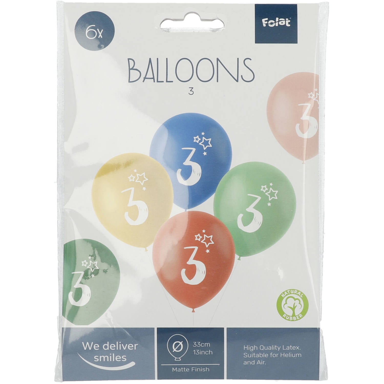 Front view of Retro 3 Years Multicolored Balloons pack with uninflated latex balloons in assorted colours