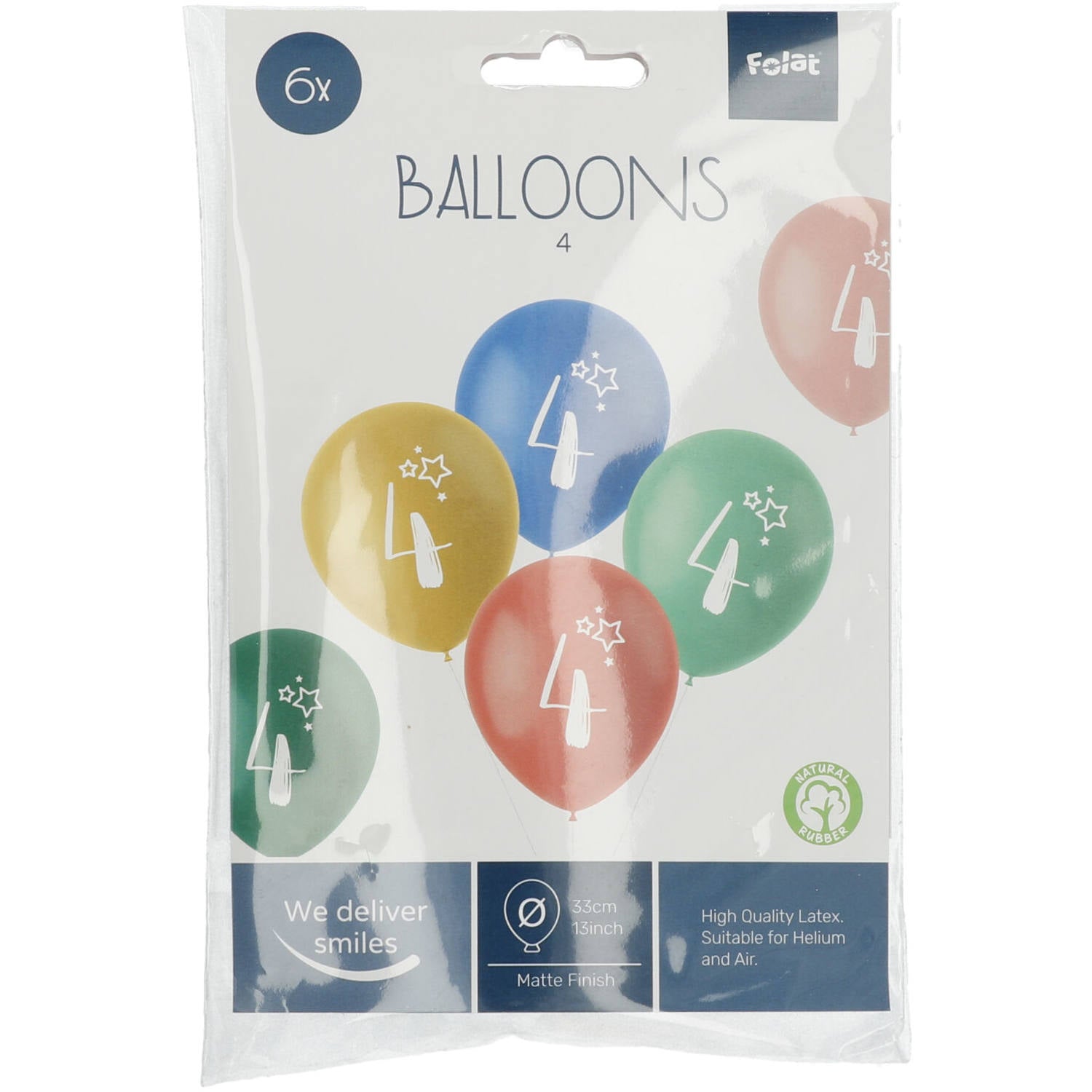 Front view of Retro 4 Years Multicolored Balloons pack with uninflated latex balloons in assorted colours
