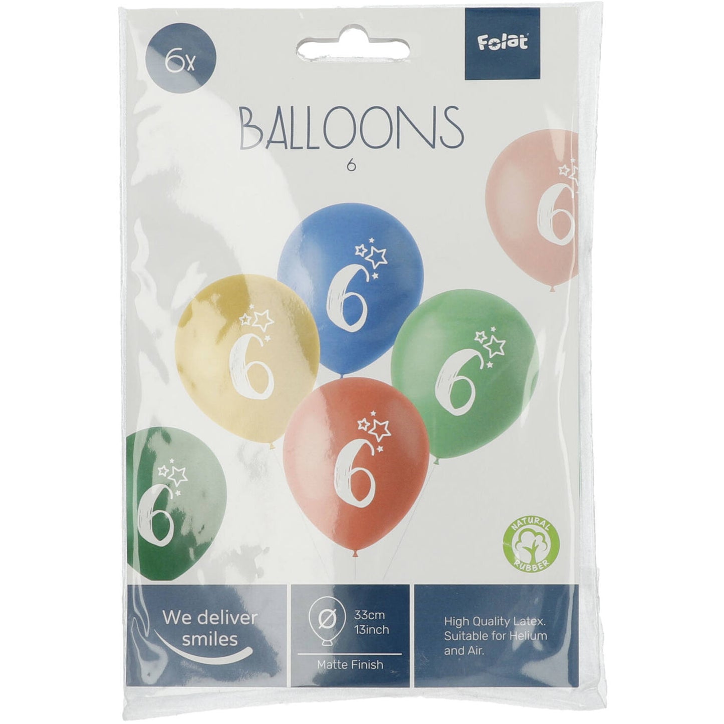 Front view of Retro 6 Years Multicolored Balloons pack with uninflated latex balloons in assorted colours