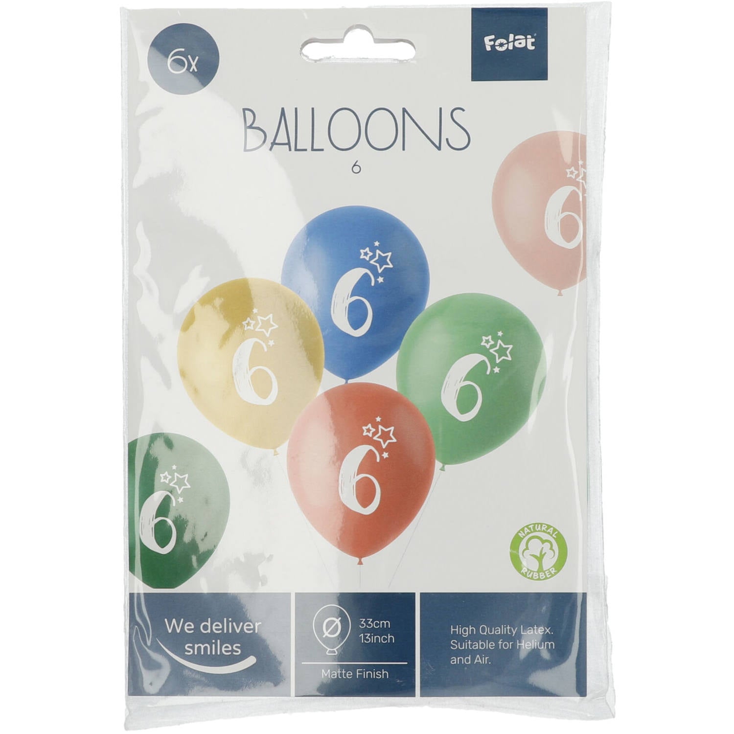 Front view of Retro 6 Years Multicolored Balloons pack with uninflated latex balloons in assorted colours