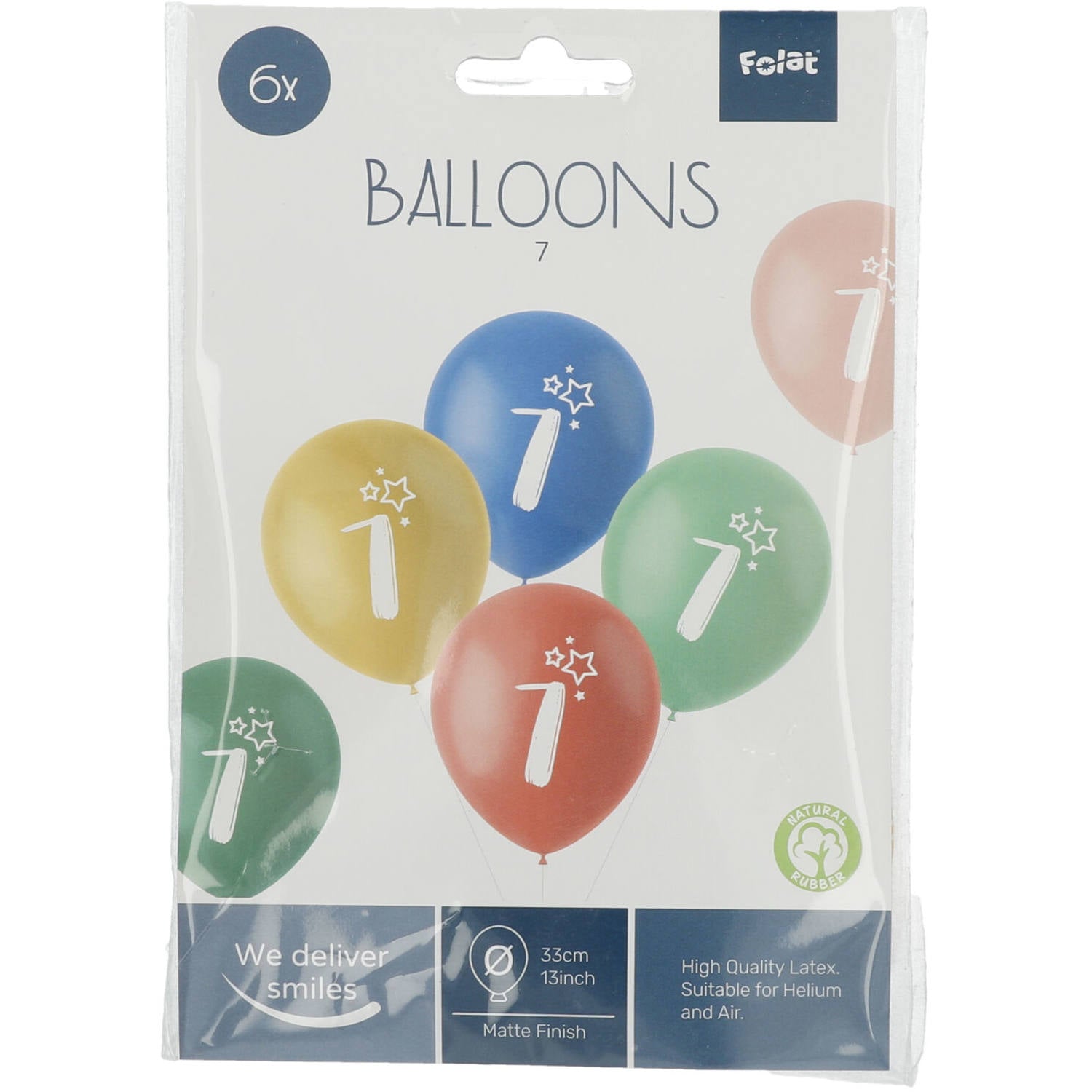 Front view of Retro 7 Years Multicolored Balloons pack with uninflated latex balloons in assorted colours