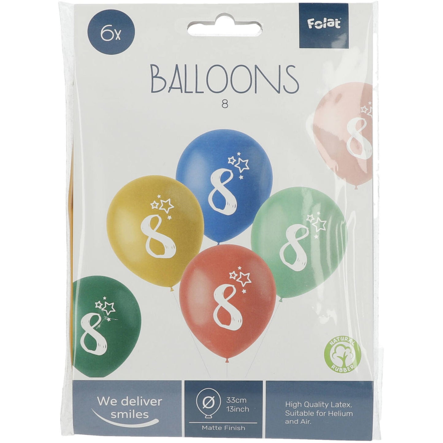 Front view of Retro 8 Years Multicolored Balloons pack with uninflated latex balloons in assorted colours