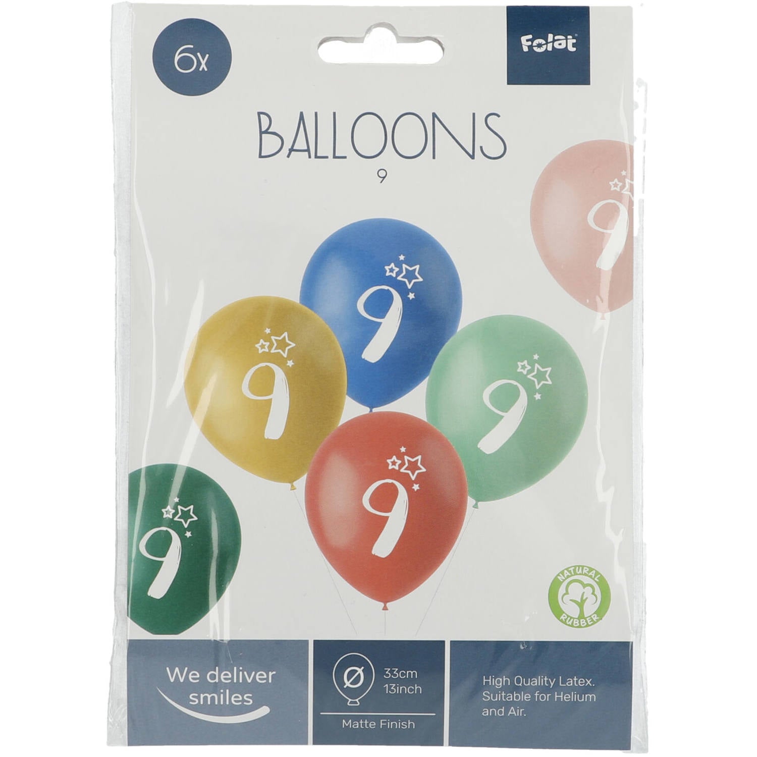 Front view of Retro 9 Years Multicolored Balloons pack with uninflated latex balloons in assorted colours