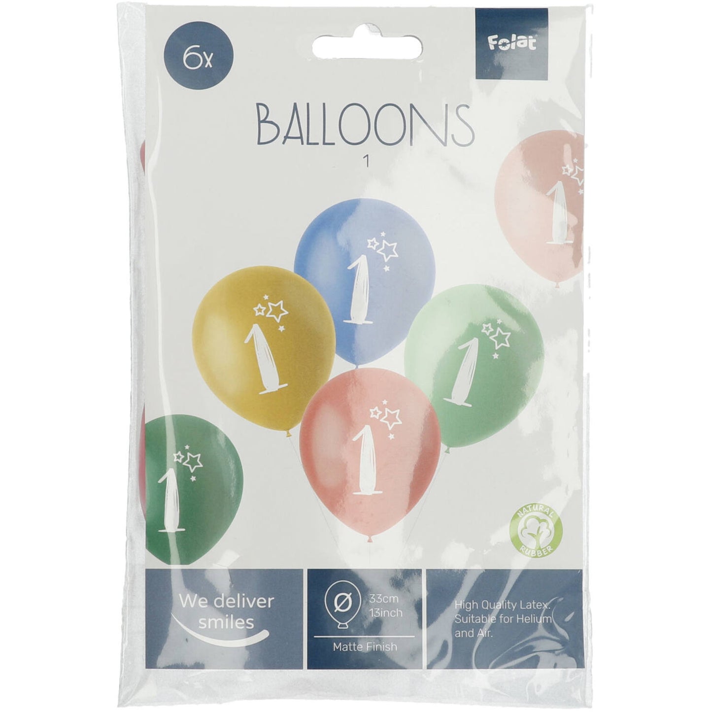Front view of Retro 1 Year Multicolored Balloons pack with uninflated latex balloons in assorted colours