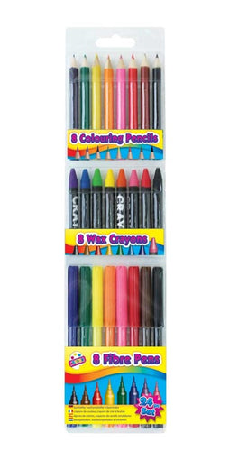 24 Piece Colouring Set - Pens Felt Tip Pencils Crayons Kids School Crafts Colour - Anilas UK