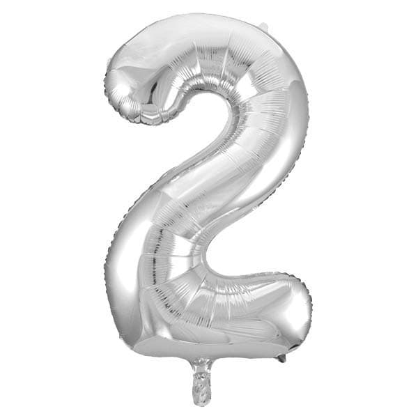 Silver Glitz Numeral 2 Foil Balloon inflated in shiny silver glitter shape, 86cm helium-ready for kids' parties