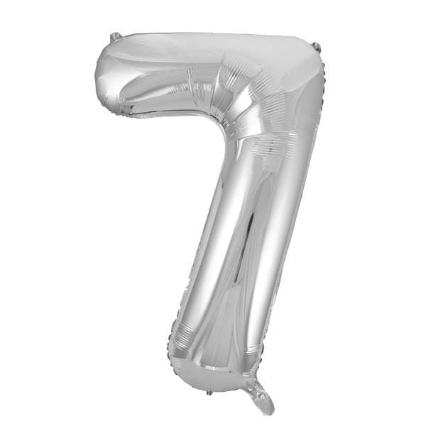 Silver Glitz Numeral 7 Foil Balloon inflated in shiny silver glitter shape, 86cm helium-ready for kids' parties