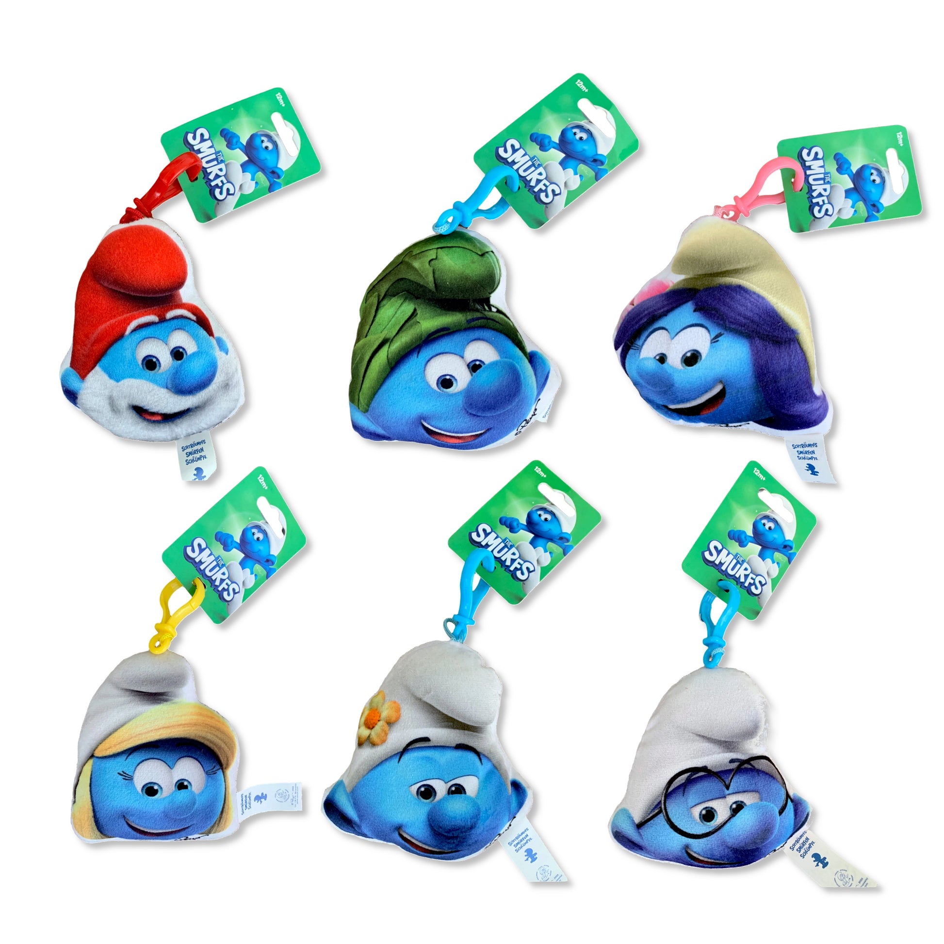 Smurf 12cm Printed 2D Plush Toy with Clip assorted designs showing cute Smurf head and hanging feature