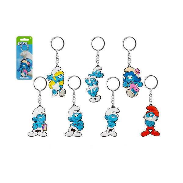 Smurfs 2D PVC Keychain 6cm Assorted front view showing random vibrant Smurf design on durable PVC with clip hook in 16x6.5cm poly bag for kids' collectible fun aged 3+