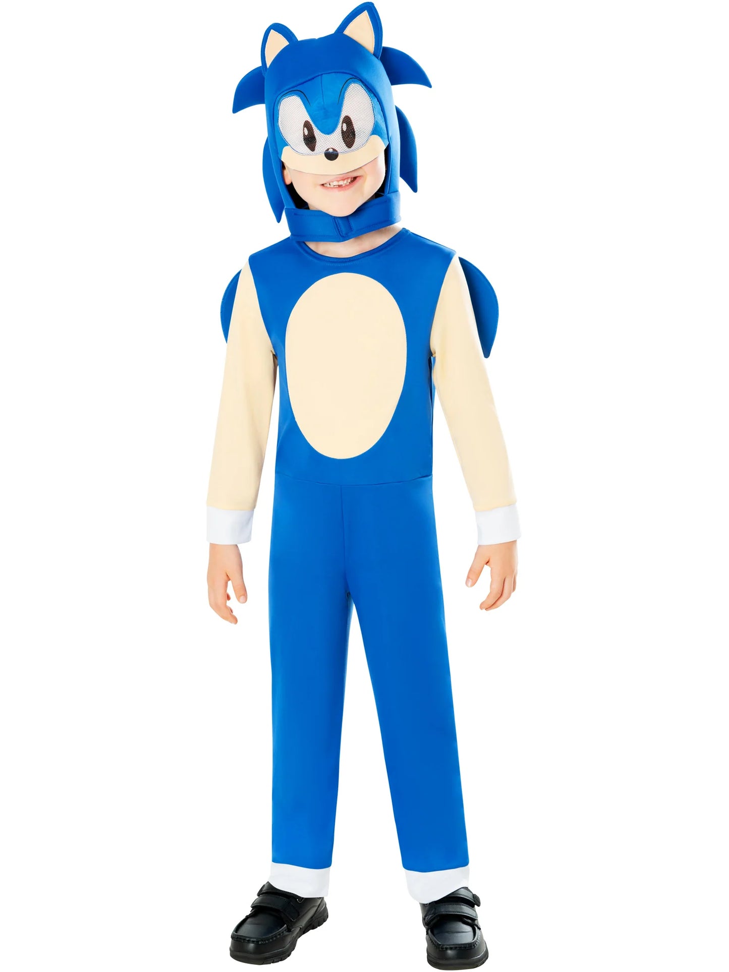 Sonic The Hedgehog Dressing Up Costume front view showing blue jumpsuit with red shoes, gloves, and plush headpiece for kids 3-6 role-play fun