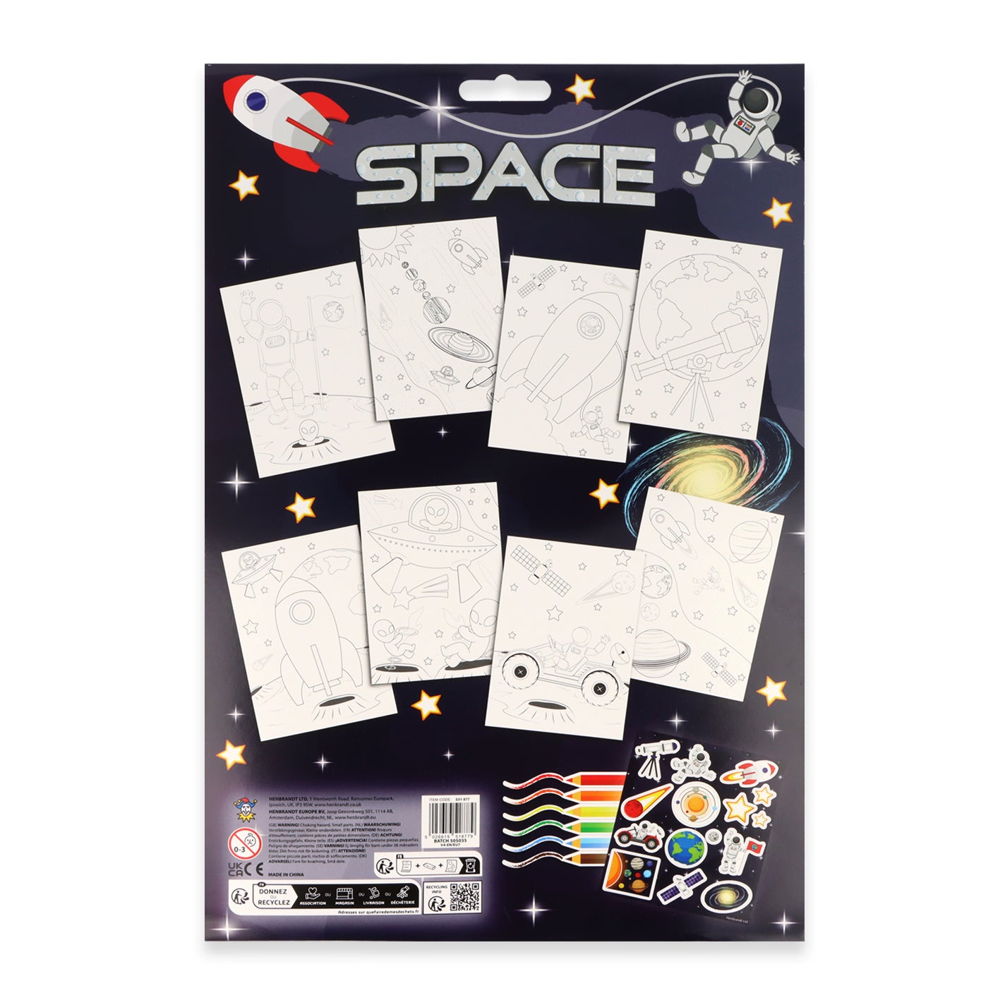 Space Colouring Set with Stickers back view highlighting party and classroom activity icons on compact packaging