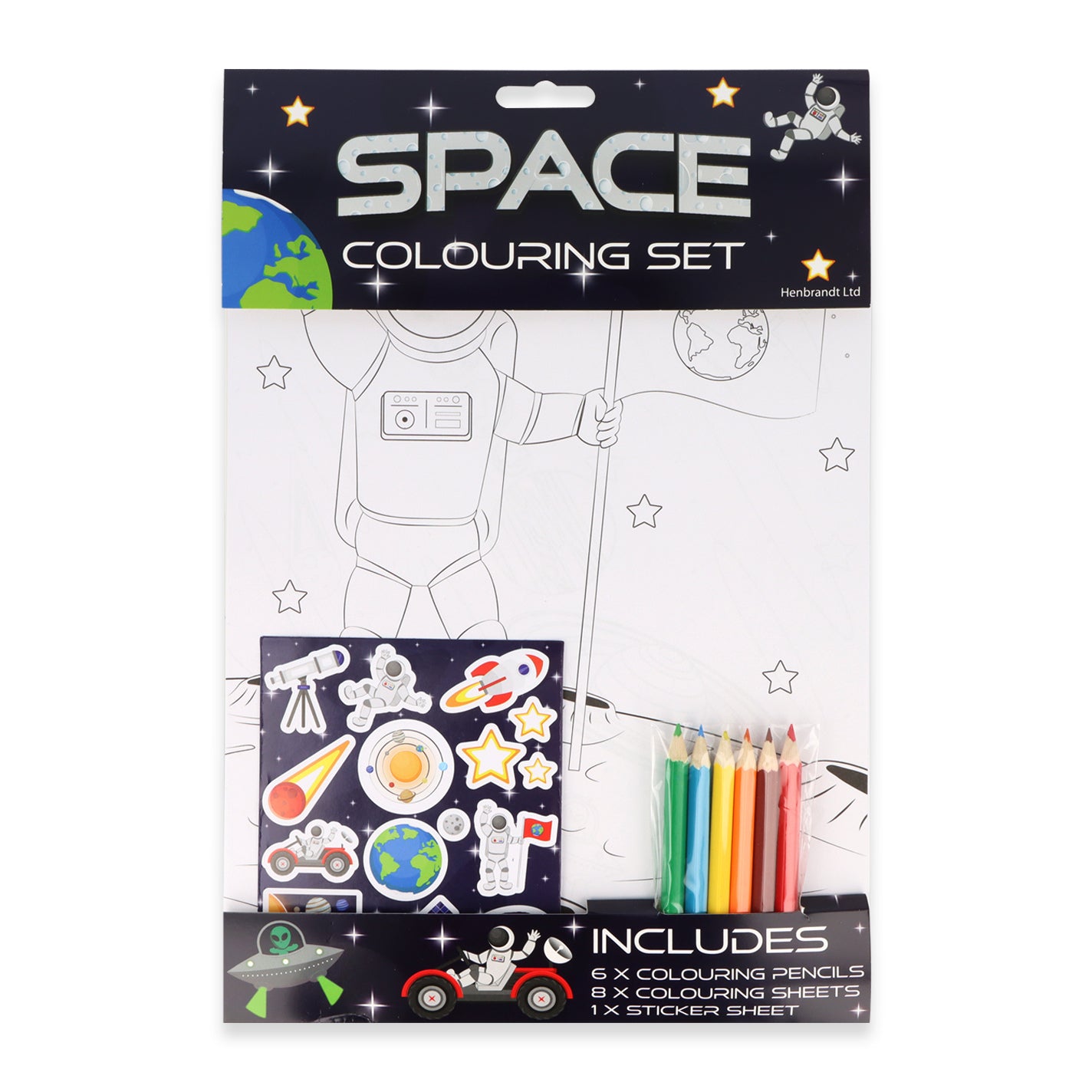 Space Colouring Set with Stickers front view showing 8 sheets, 6 mini pencils, and sticker sheet in A4 21x30cm pack for kids' cosmic crafts aged 4-6