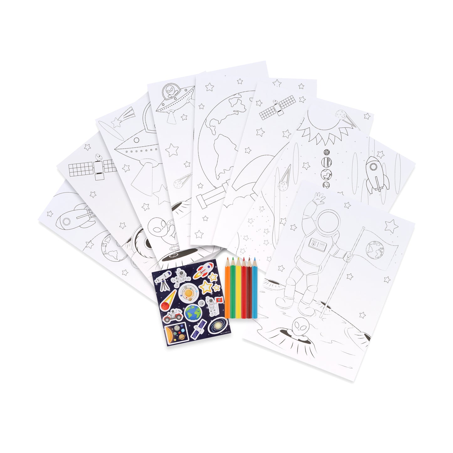 Interior spread of Space Colouring Set revealing colouring sheets with rockets and aliens, plus sticker details for creative play