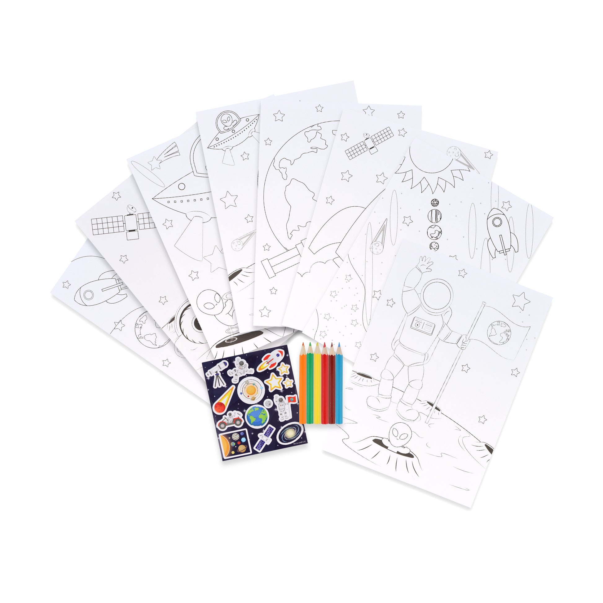 Interior spread of Space Colouring Set revealing colouring sheets with rockets and aliens, plus sticker details for creative play
