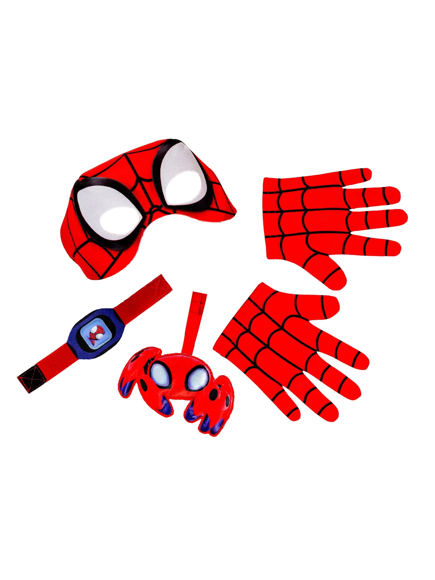 Detail of Spider-Man Spidey Accessory Set highlighting stretchy gloves and cuddly spider plush for active superhero adventures