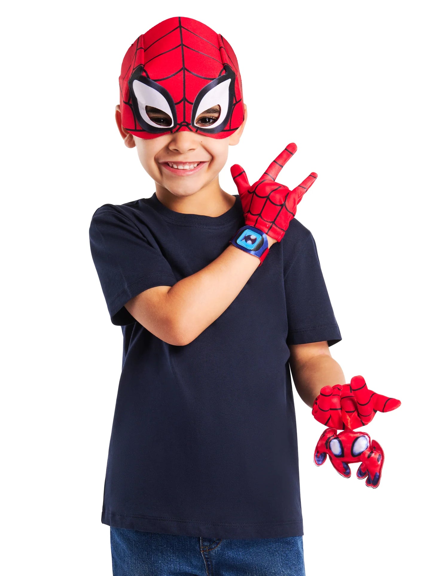 Spider-Man Spidey Marvel Accessory Set front view showing mask, gloves, watch, and spider plush in red-blue design for kids 3+ role-play fun