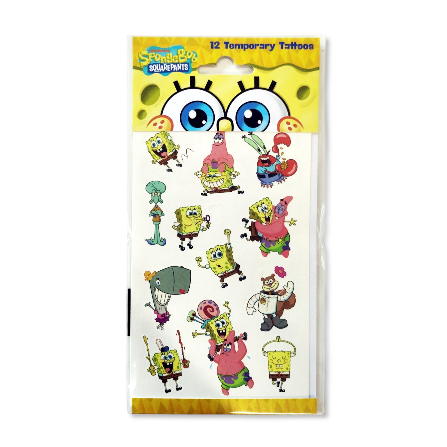 SpongeBob Temporary Tattoos sheet with 12 rub-on designs featuring characters like SpongeBob and Patrick