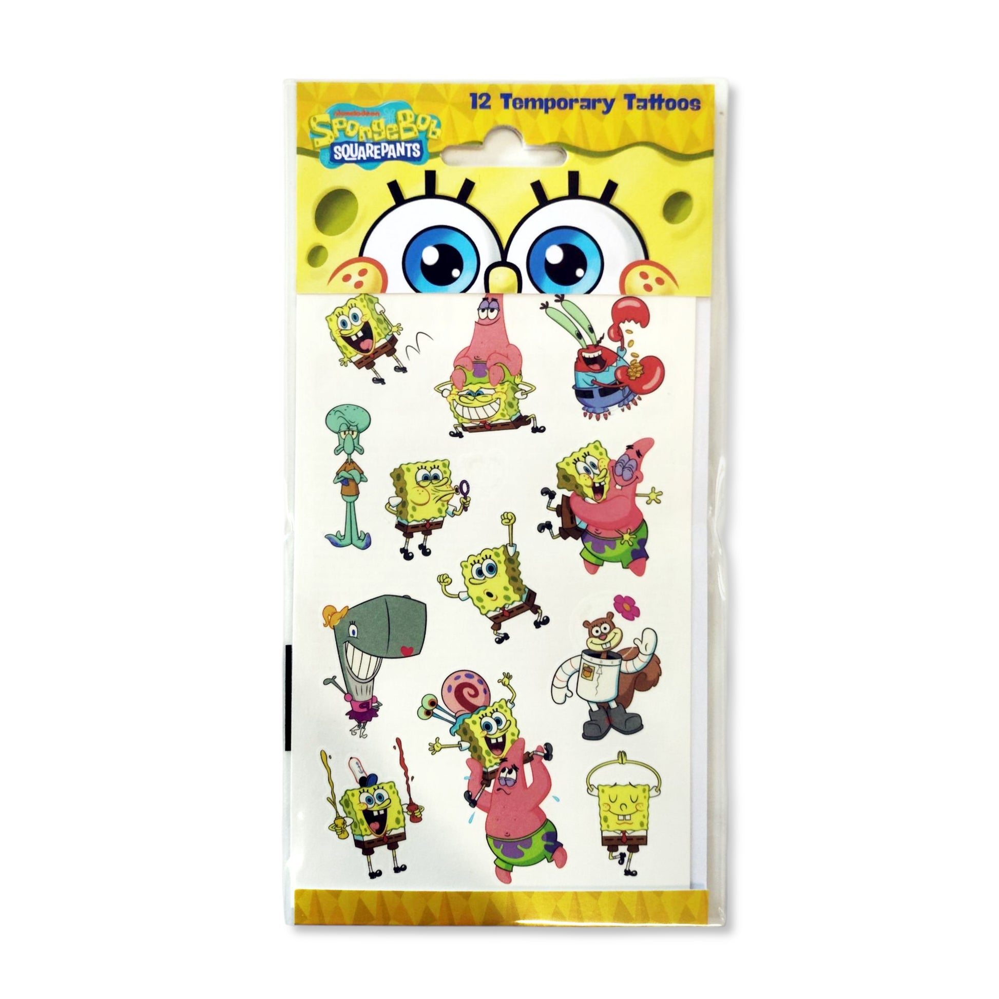 SpongeBob Temporary Tattoos sheet with 12 rub-on designs featuring characters like SpongeBob and Patrick