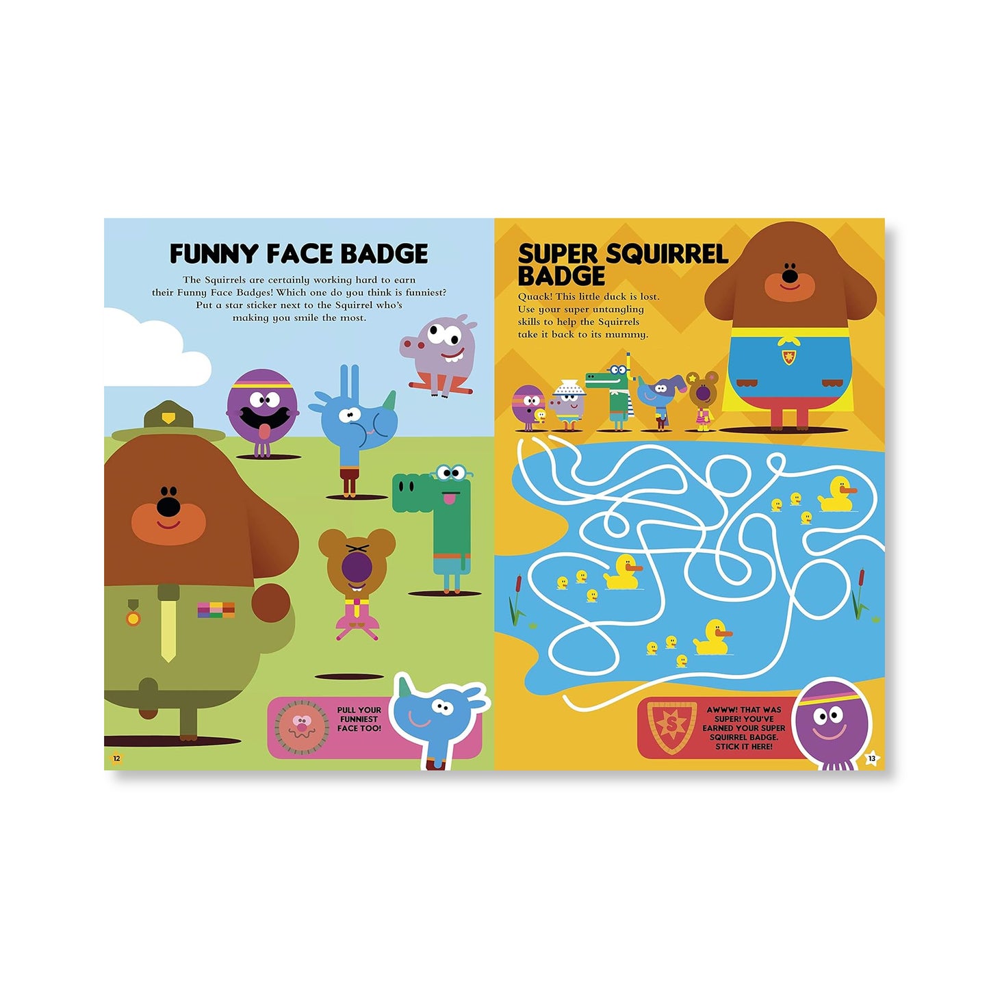 Close-up of over 50 Duggee stickers and Squirrel Club badges from the activity book