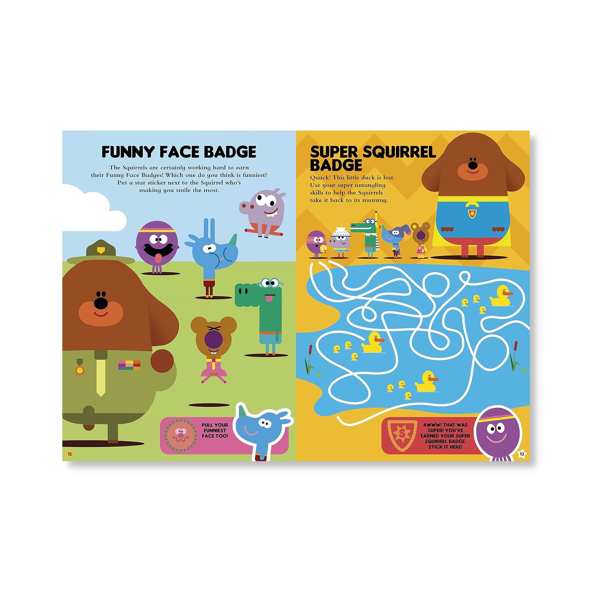 Close-up of over 50 Duggee stickers and Squirrel Club badges from the activity book