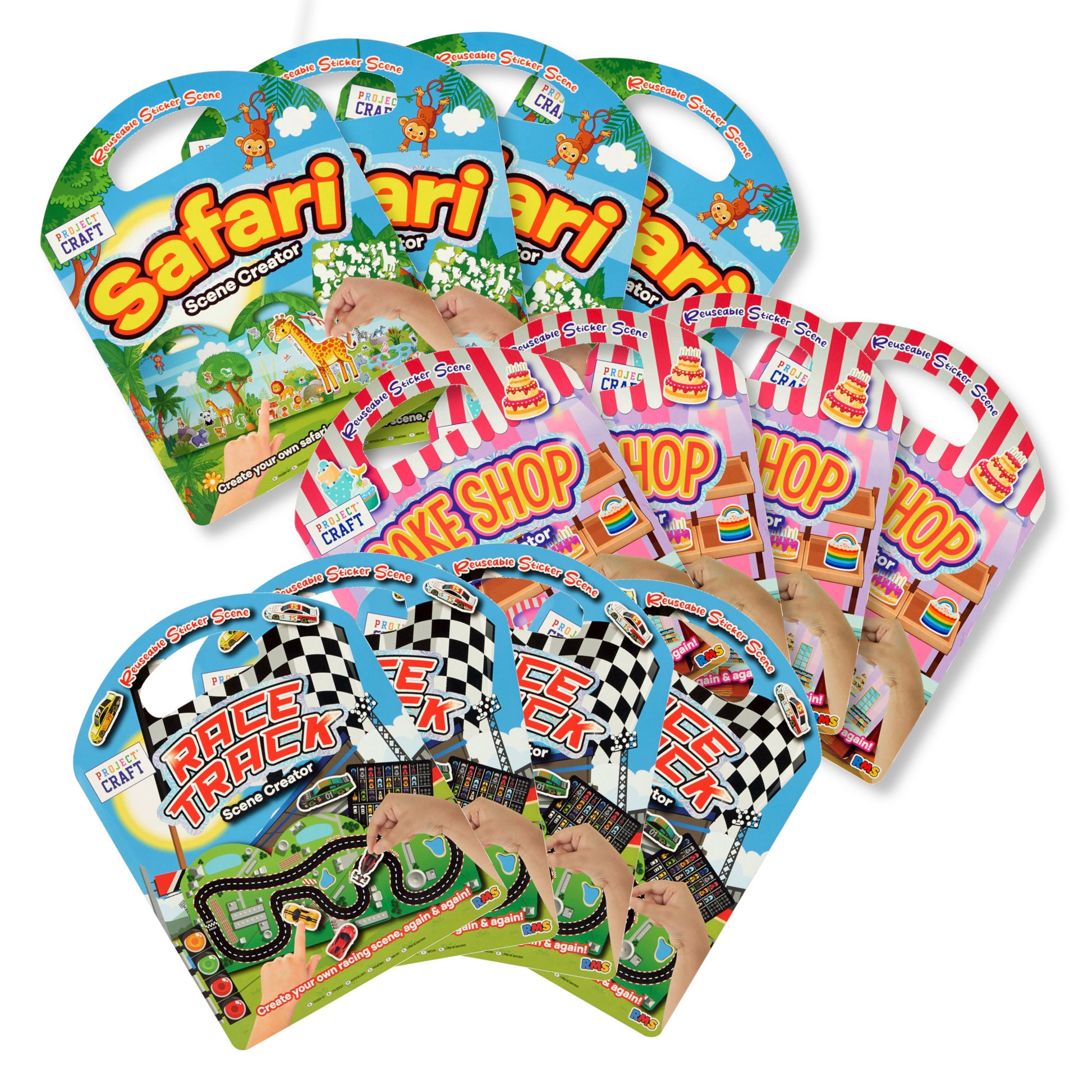 Reusable Sticker Book for Kids, 30 cm, Safari, Cake Shop, Race Track - Anilas UK