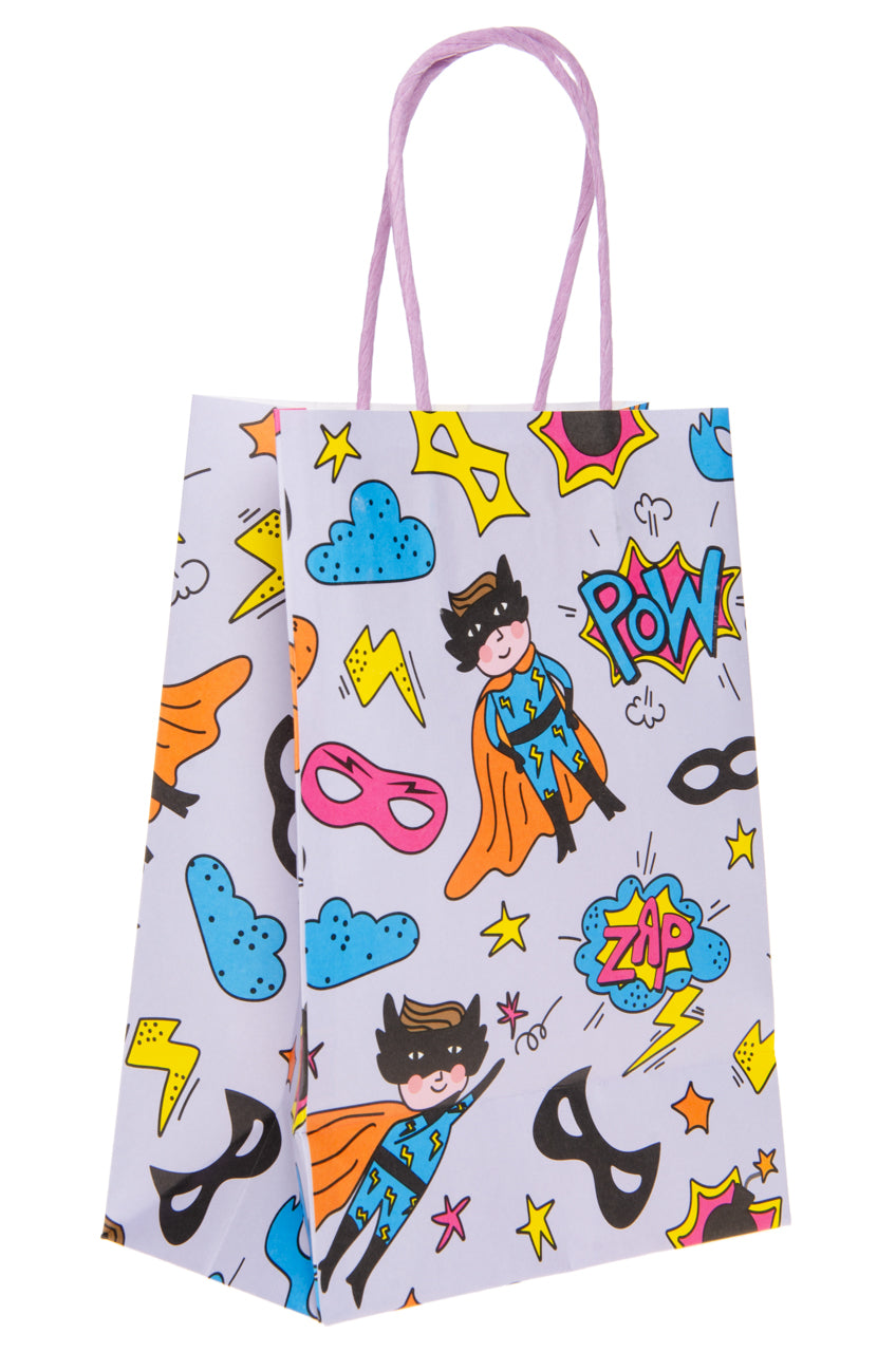 Close-Up of Superhero Paper Gift Bag with Comic-Style Hero Designs