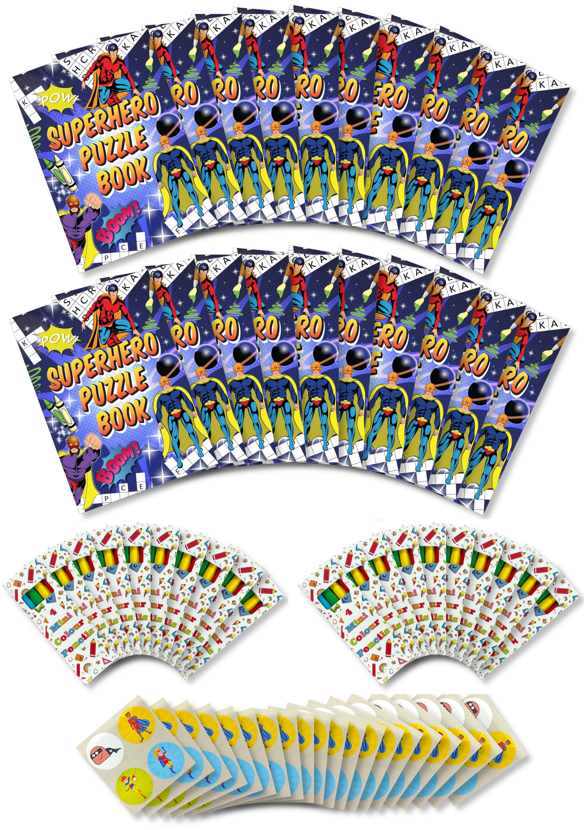 Assortment of 20 Themed Activity Books, 20 Sheets of Stickers and 20 Sets of Pencils - Anilas UK