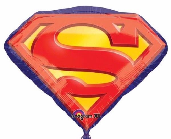 Superman Emblem Super Shaped Foil Balloon 66x50cm inflated dynamically, showcasing iconic S-shield on helium-quality foil for kids' superhero party decor