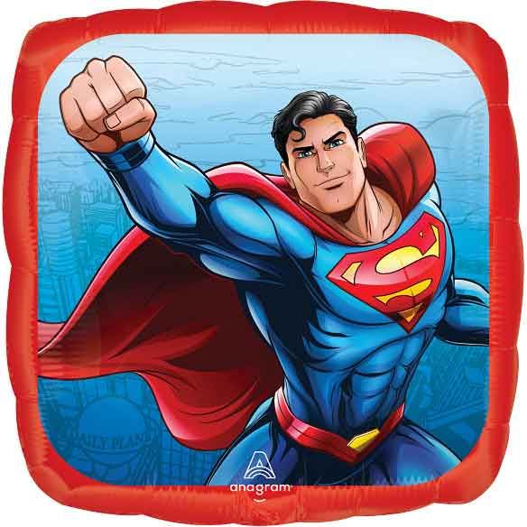 Superman Foil Square Balloon 43cm inflated boldly, showcasing iconic hero designs on shiny foil for kids' superhero party decor
